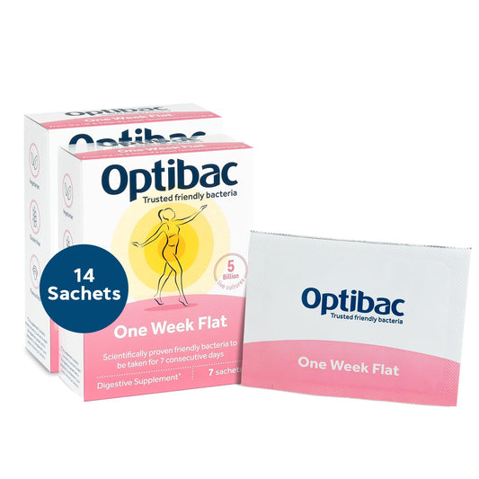 OptiBac Optibac Probiotics One Week Flat - Vegan Digestive Probiotic Supplement Suitable for Bloating with 5 Billion Bacterial Cultures - 2 Week Supply, 14 Sachets