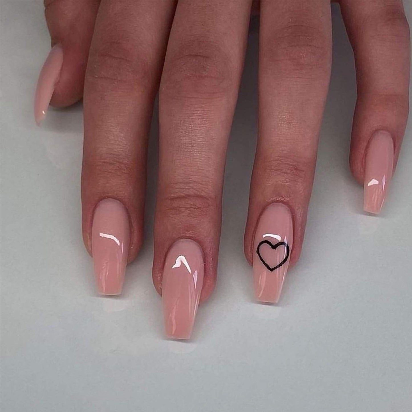 Meschett Nude Pink Heart Press on Nails 24PCS Glossy Full Cover Medium Coffin Artificial Fake Nail Love Style Design Nails for Women and Girls Party Salon