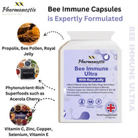 Pharmanostix Ultra Bee Immune 60 Capsules Packed with Bee Pollen, Royal Jelly, Manuka Honey, Essential Vitamins and Minerals, Vitamin C, D & E, Zinc - Ginger Root & Elderberry - UK Manufactured