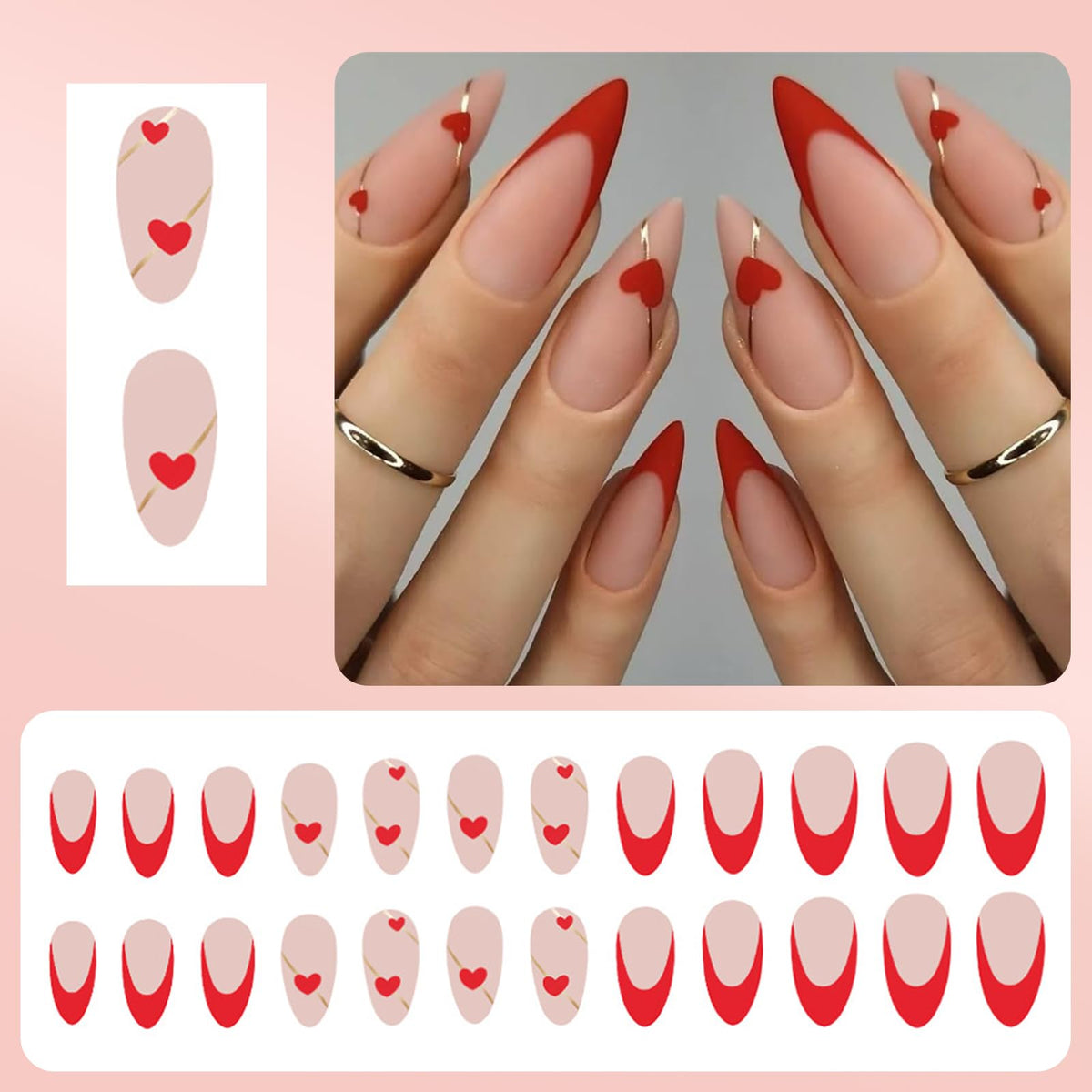 CharmBurst 24-Piece Valentine's Day Press On Nails, Almond Fake Nails, French Love Heart Line Design Artificial Nails For Application, False Nail Tips