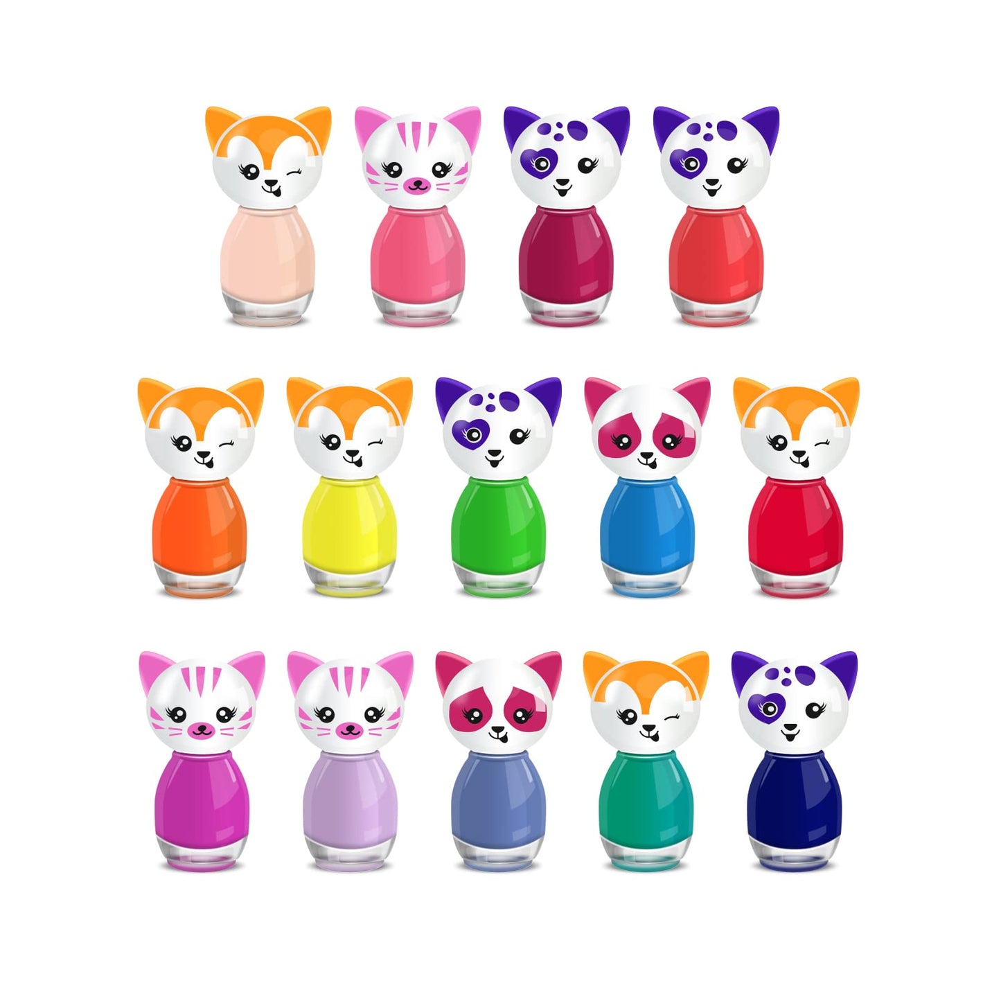 Beauty4Britain Cat Shaped Water-Based Nail Polish Set, beauty4britain, 14 Colours, Quick Dry, Peel Off, Cat Nail Stickers Included, Display Gift Box