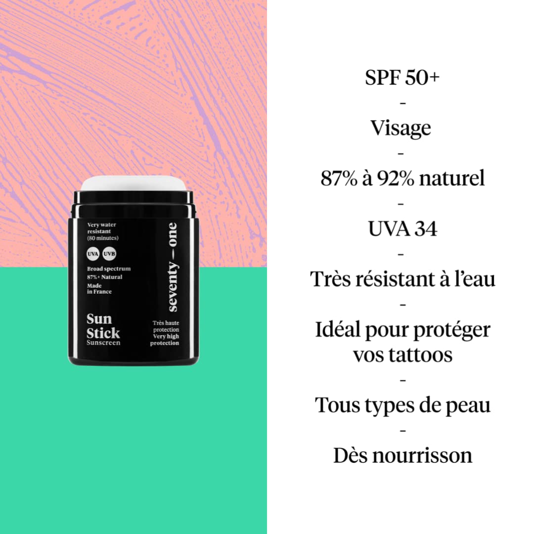 seventyone PERCENT SeventyOne Percent | The Original : Sun Stick SPF 50+ | Vegan Face Sun Stick - Very High Protection | Very Waterproof | UVA 34 | 92% Natural - Made in France | 15 gr