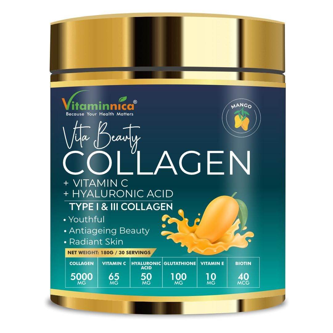 Vitaminnica Because your Health Matters Vitaminnica Vita Beauty Collagen Powder | Type I & III Collagen with Hyaluronic Acid, Biotin, Zinc, & Vitamin C | Supports Skin, Hair, Nails & Joints | 30 Servings (Mango)