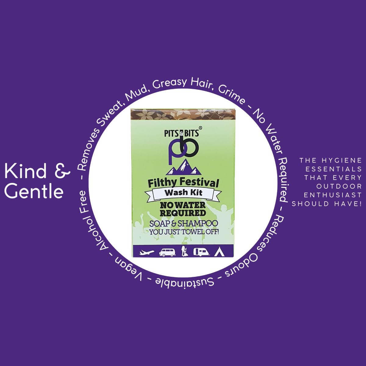 Pits and Bits Filthy Festival Wash Kit - no rinse shampoo 100ml / rinse free body wash 100ml and 9 pack compostable expanding wipes. The ultimate camping essential x 1Kit