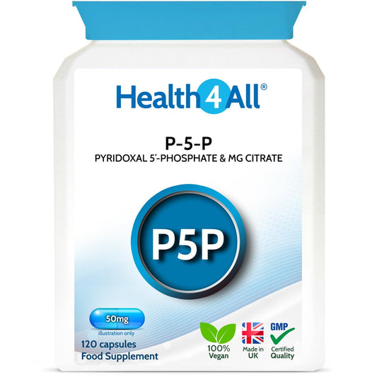 Health4All P5P Pyridoxal 5'-Phosphate 50mg 120 Capsules (V) Biologically Active Vitamin B6 P-5-P with Magnesium Citrate for PMS and Reduction of Tiredness & Fatigue