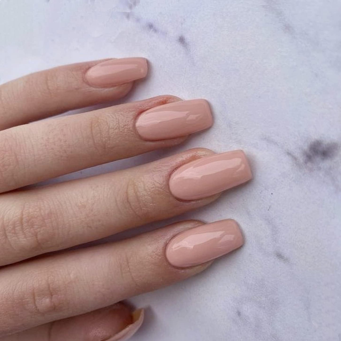 KQueenest Light Pink Press on Nails Long Square, Nude Pink False Nails Long Medium Coffin, Glossy Natural Solid Color Fake Nails Set, Reusable Gel Stick on Nail for Women Finger Daily Wear 24 Pcs