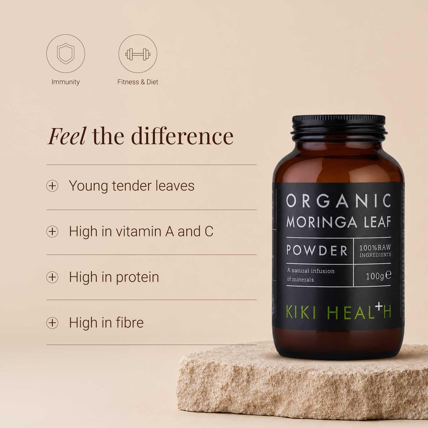 KIKI HEALTH KIKI Health Premium Organic Moringa Leaf Powder - Certified Superfood with Essential Vitamins & Sustainably Sourced for Healthy Living - Conveniently Blends into Smoothies & Dishes - 100g