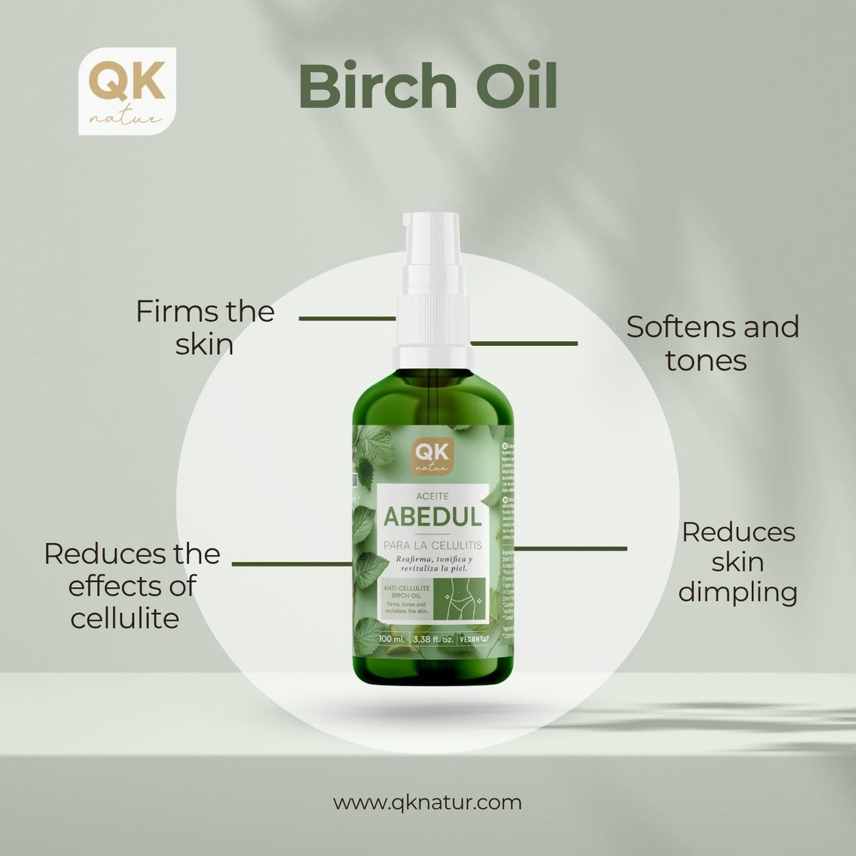 QKnatur - Birch Oil for Cellulite - 100 ml - With Natural Extracts - Tones, Firms, Moisturizes and Revitalizes the Skin - Improves Elasticity