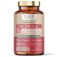 Time Health Organic Acerola Cherry - Freeze-Dried - 26% Vitamin C - 44:1 Extract Ratio - Natural & Wholefood - UK Made - Zero Additives (120 Capsules)