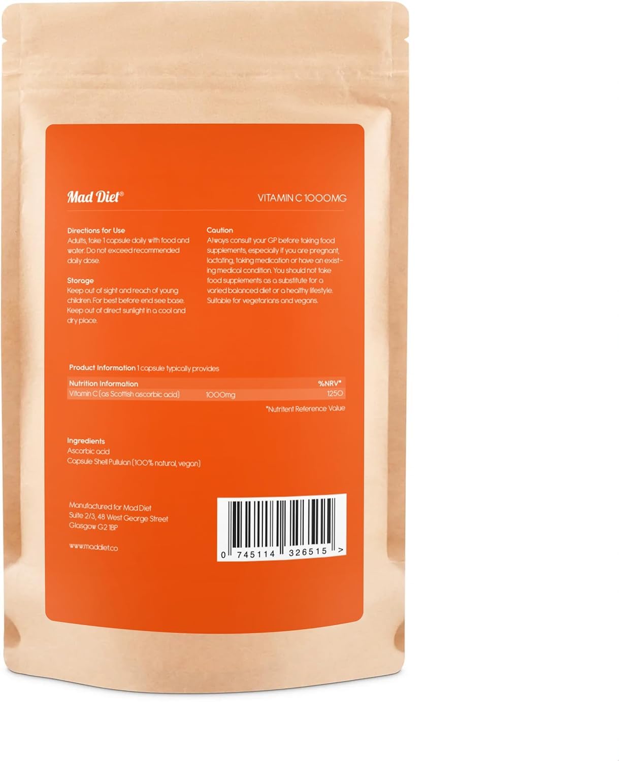Mad Diet Scottish Vitamin C | Zero Additives | Practitioner Quality | Locally Sourced | 1000mg Capsules | 2 Month Supply | Trusted UK Brand | Immune Support | Suitable for Vegans and Vegetarians