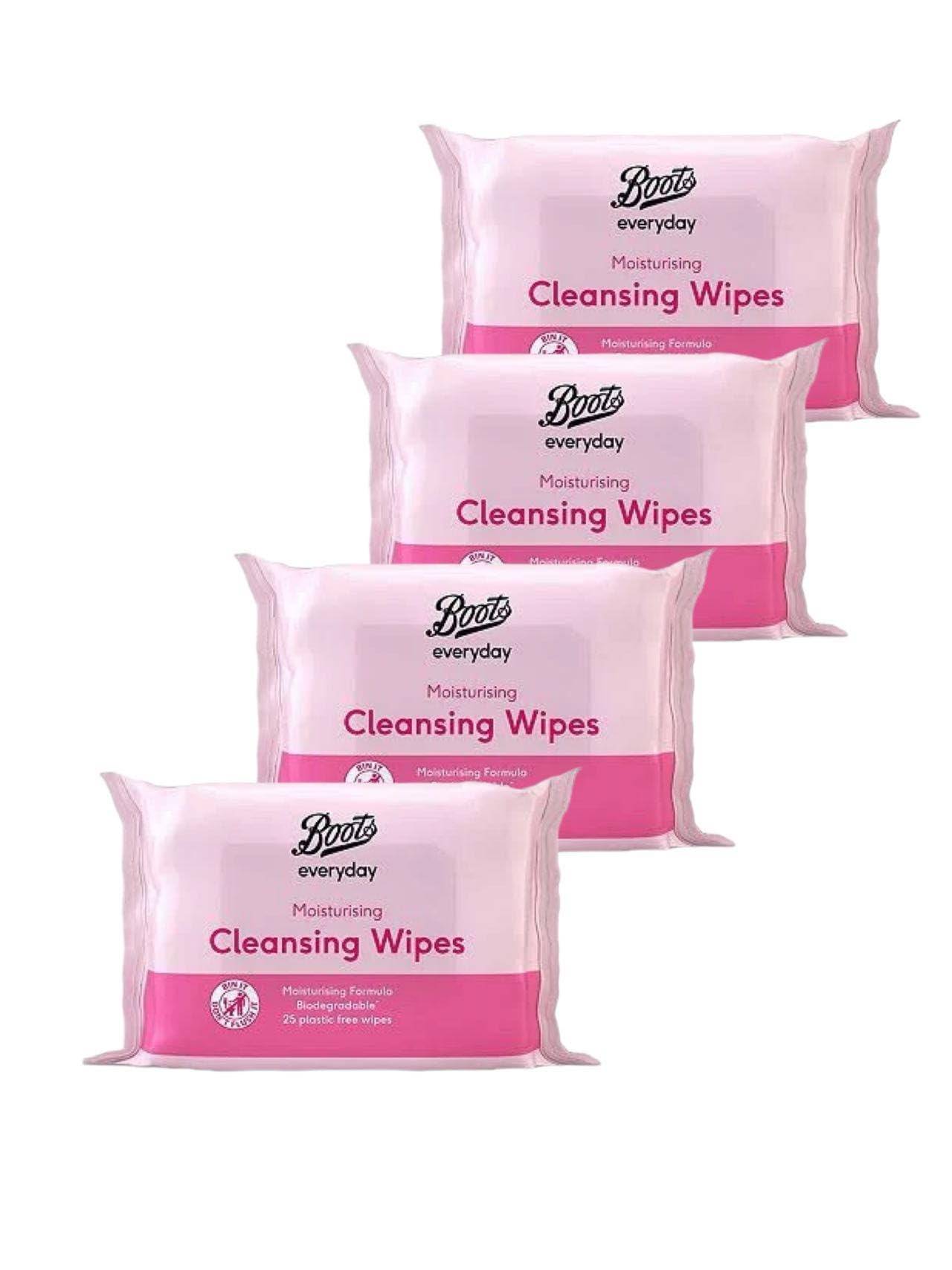 Boots - Boots Everyday Moisturising Cleansing Wipes | Moisturising Formula | 25 Plastic Free Wipes per Pack [4 PACK]