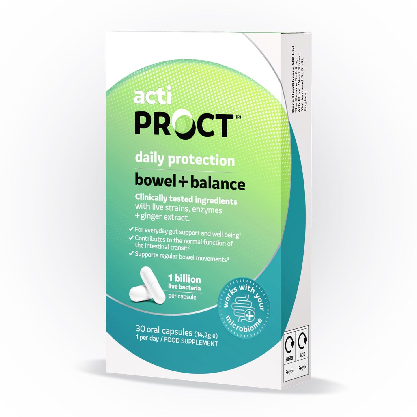 ACTIPROCT ActiProct Daily Protection Bowel Balance - Food supplement, supports gut health and well-being, Clinically tested -probiotics, digestive enzymes, ginger - 1 billion live bacteria per capsule - 30 oral