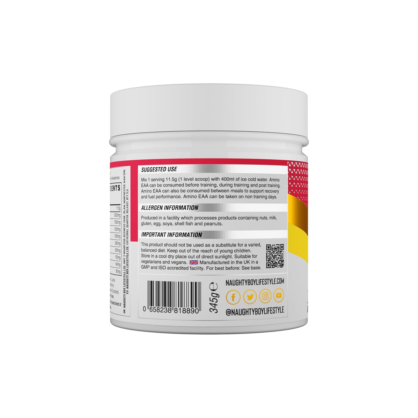 Naughty Boy Amino EAA Powder, Essential Amino Acid & BCAA Recovery Formula, 255g, 30 Servings, Cherry Mango