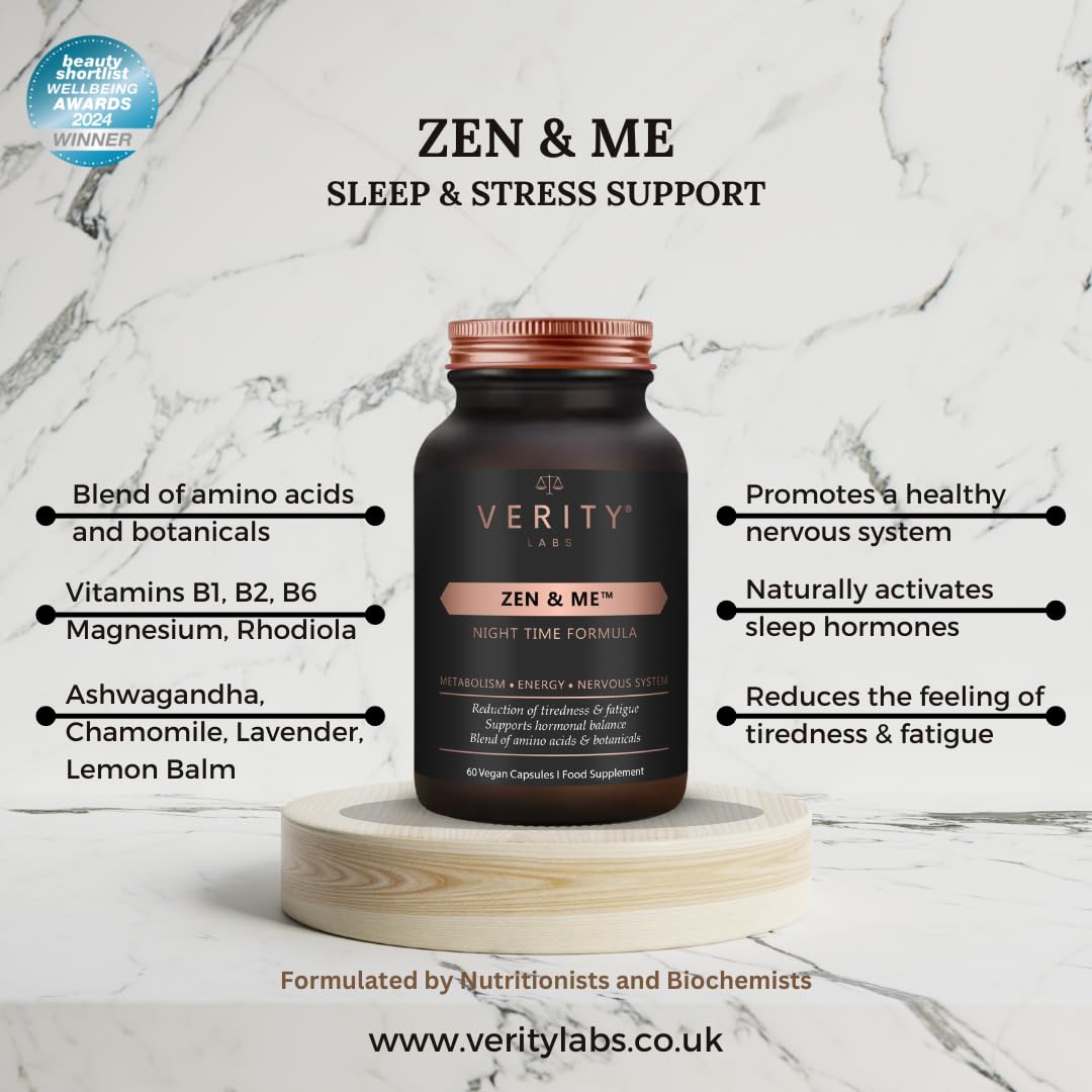 Zen & Me | Sleep and Stress Aid Supplement with Ashwagandha, Lavender, Vitamin B6, Magnesium, Chamomile | 60 Vegan Capsules | Natural Ingredients by Verity Labs