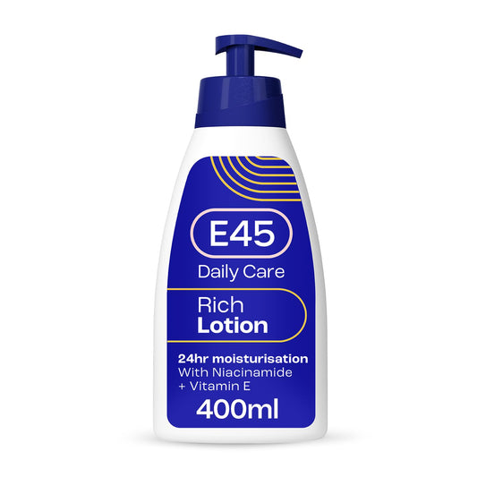 E45 Rich Skin Lotion 400 ml – E45 Moisturising Lotion with Evening Primrose Oil – Lightweight Body Lotion for Dry and Sensitive Skin – Long-Lasting Moisturisation for Soft and Supple Skin