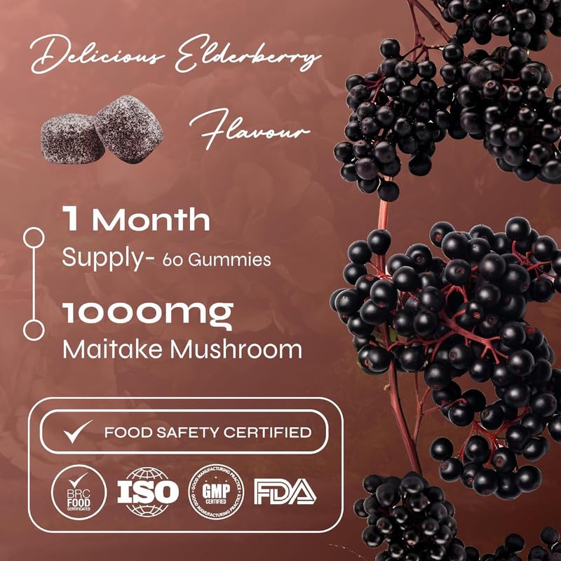 Known Tasty Maitake Gummies - 1000mg Maitake Mushroom with Vitamin D3 - Immune Support - Natural Elderberry Flavour - 60 Vegan Gummies, 1 Month Supply