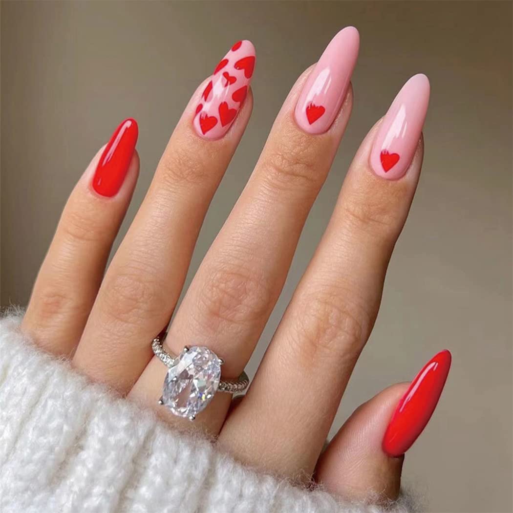 Sethexy Valentine's Day Almond False Nails Love Heart Stiletto Stick on Nails Pink Fake Nails 24Pcs Acrylic Art Press on Nails for Women and Girls