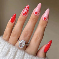 Sethexy Valentine's Day Almond False Nails Love Heart Stiletto Stick on Nails Pink Fake Nails 24Pcs Acrylic Art Press on Nails for Women and Girls