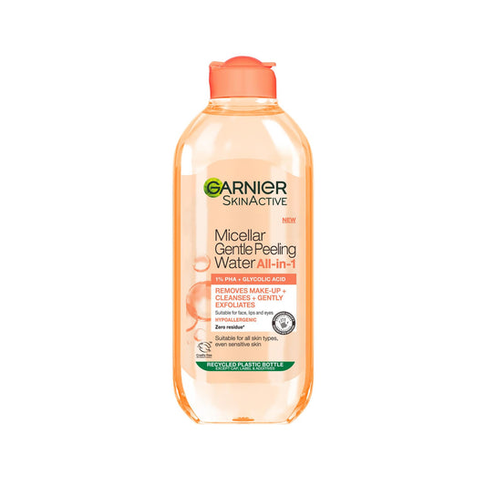 Garnier All-in-1 Micellar Water, Removes Make-Up, Cleanses, Exfoliates & Boosts Glow, Suitable for Face + Lips + Eyes, 1% PHA & Glycolic Acid, Vegan, Gentle Peeling, 400ml