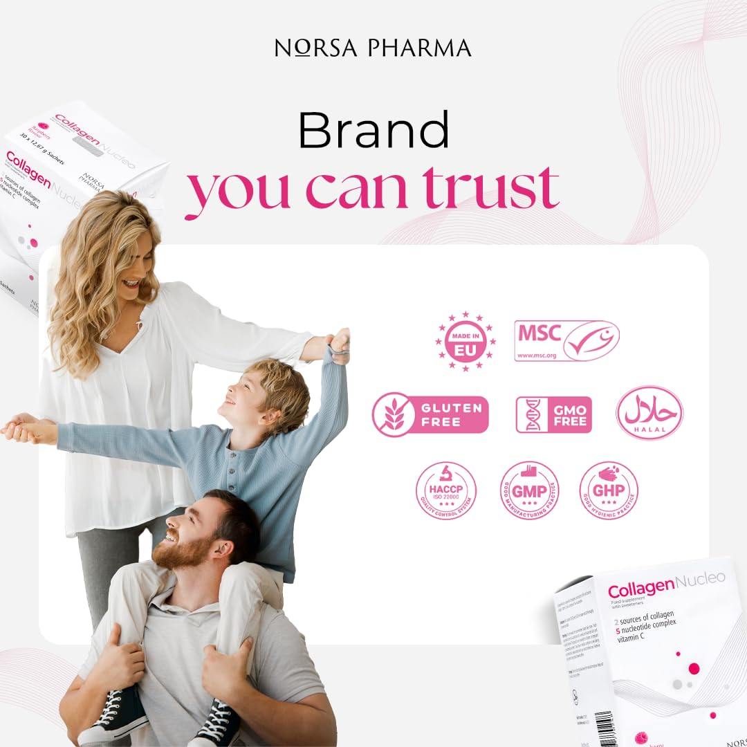 Norsa Pharma Collagen Nucleo (Raspberry / 30 Sachets) | Bovine & Marine Collagen Powder Supplement with 5 Nucleotides + Vitamin C | Collagen Supplement for Women & Men’s Skin, Joint & Immunity
