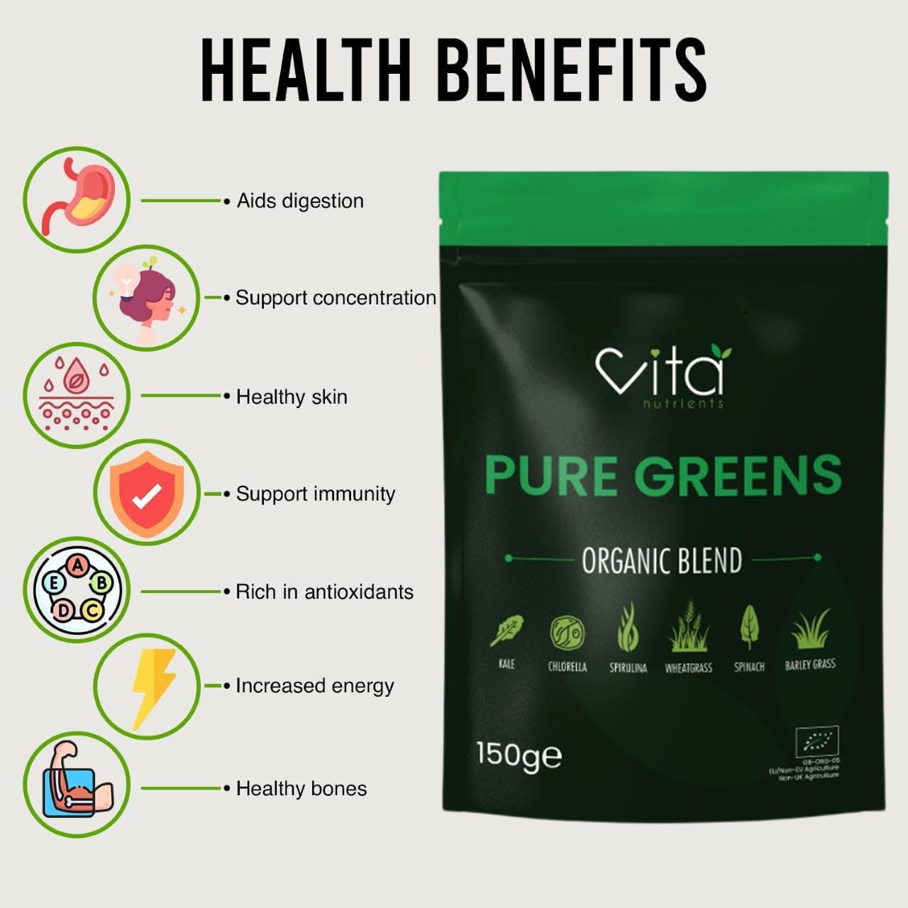 Vita Nutrients Pure Greens Superfood Powder 150g - Premium Organic Blend of 6 Plant Based Super Greens - Vegan & Gluten Free - Vitamin Fibre & Mineral Rich Formula - Made in The UK