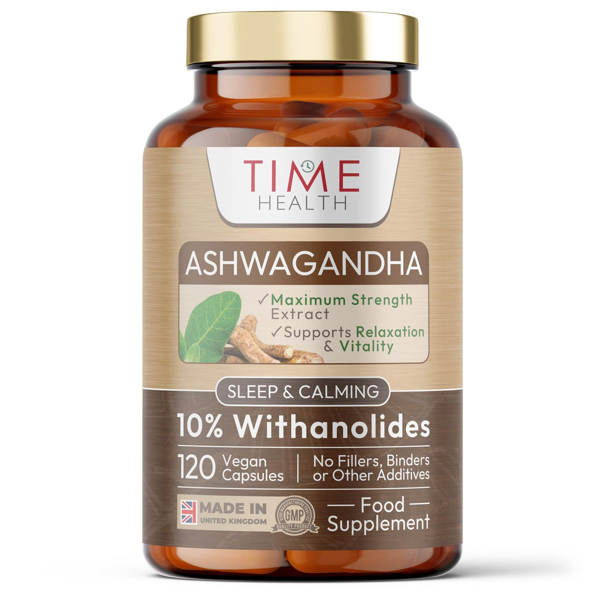 Time Health Ashwagandha - 10% Withanolides - Maximum Strength - Maximum Benefits - UK Manufactured - Zero Additives - Pullulan (120 Capsules)