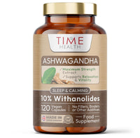 Time Health Ashwagandha - 10% Withanolides - Maximum Strength - Maximum Benefits - UK Manufactured - Zero Additives - Pullulan (120 Capsules)