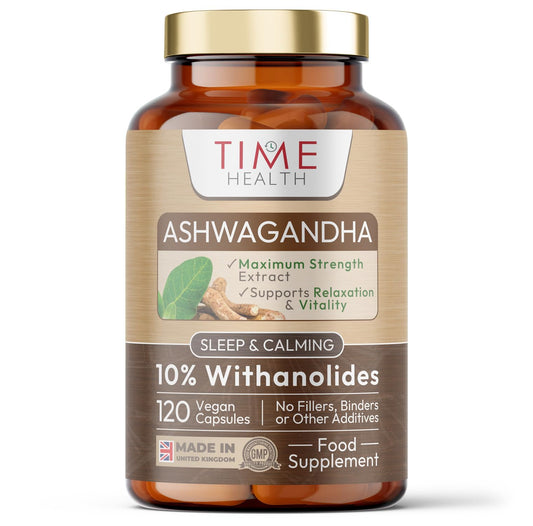 Time Health Ashwagandha - 10% Withanolides - Maximum Strength - Maximum Benefits - UK Manufactured - Zero Additives - Pullulan (120 Capsules)