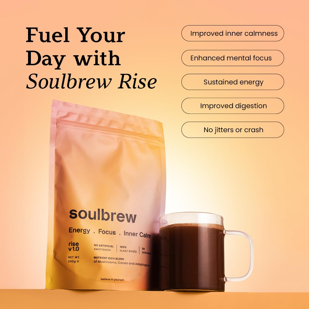 soulbrew SoulBrew Rise – Mushroom Coffee Alternative for Gut Health & Focus | Lion’s Mane, Cordyceps, Cacao | Adaptogenic Nootropic Drink for Calm Energy and Digestion | Vegan, 30 Servings