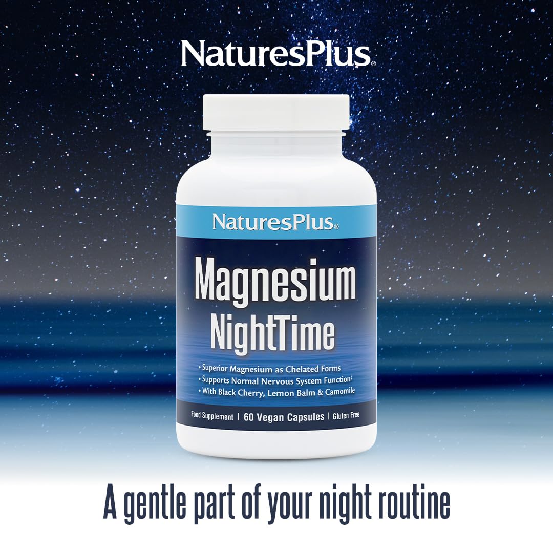 Nature's Plus NaturesPlus Magnesium Night Time - Magnesium Glycinate and Taurate Supplement with L-Theanine, Ashwagandha, Lemon Balm, B6, Hops - Vegan, Gluten Free - 60 Capsules