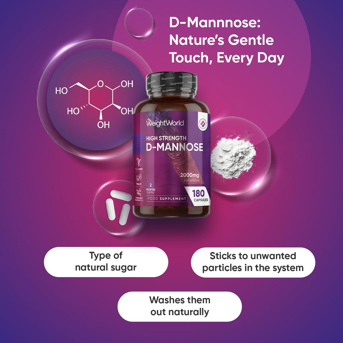 WeightWorld D-Mannose 2000mg - 180 Capsules - 2 Months Supply - Vegan-Friendly, Non-GMO & GMP-Approved - Split & Pour D Mannose Powder Capsules - Unflavoured, Easy to Swallow & Magnesium Stearate-Free