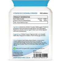 Kids Vitamin D3 600iu Chewable 180 Tablets. Sugar Free. Natural Orange Flavour. Made by Health4All UK