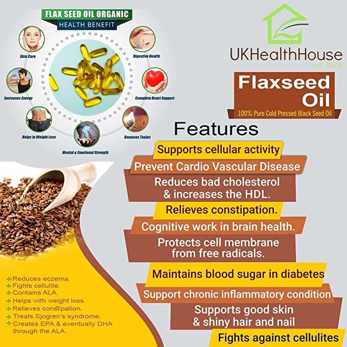 UKHealthHouse Premium - Flaxseed Oil Softgel 1000mg x 60 Capsules Strong Formula Omega (3+6+9) UK Health House Supplements