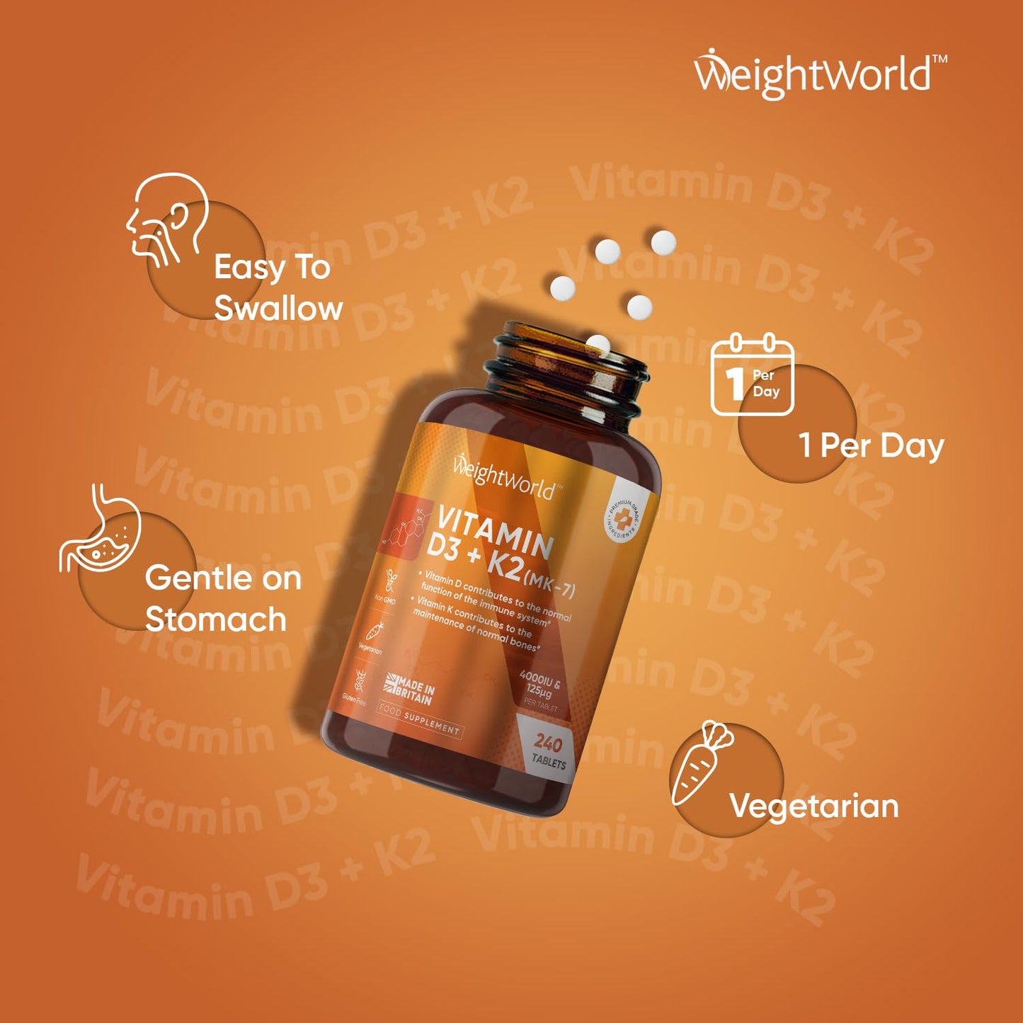 Vitamin D3 4000iu & Vitamin K2 125ug (MK7) | 240 Vitamin D3 K2 Vegetarian Tablets | 8 Month Supply | High Strength D3 and K2 Vitamin | Vitamin D K2 for Bone, Teeth, Muscle Function & Immune System