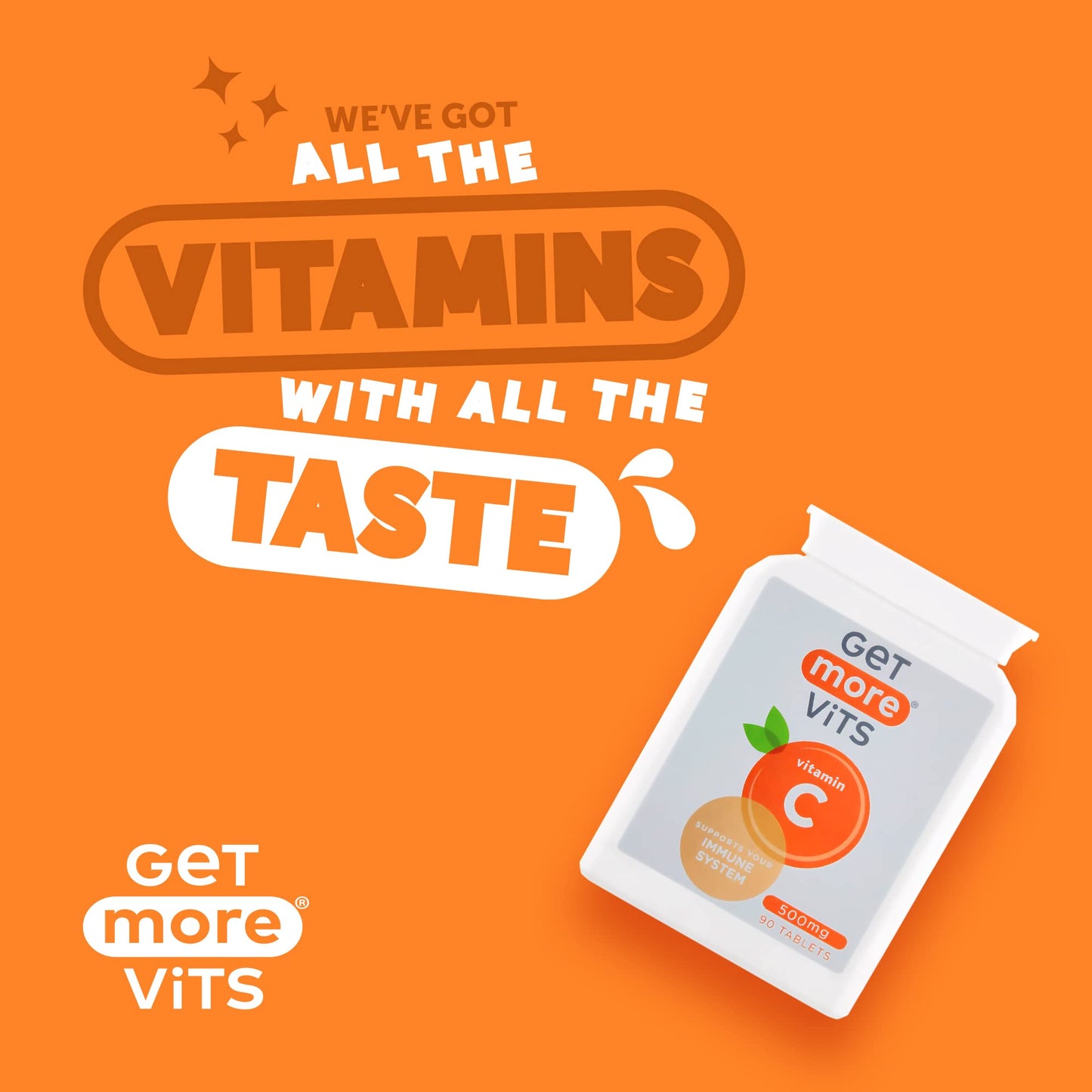 Get More Vits - Vitamin C 500mg Tablets (90 Tablets), Promotes Stronger Immune System, Strengthens Body's Natural Defences, Supports Faster Iron Absorption, Food Supplement, Vegetarian, Vegan