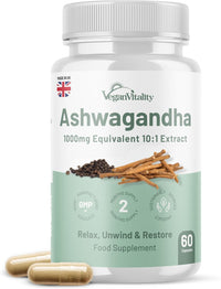 Vegan Vitality Ashwagandha High Strength 1000mg, Cortisol Reducing Supplements, Organic Ashwagandha Capsules with Black Pepper to Reduce Stress Hormones and Fatigue. Ashwagandha Supplements. Ashwaganda Tablets
