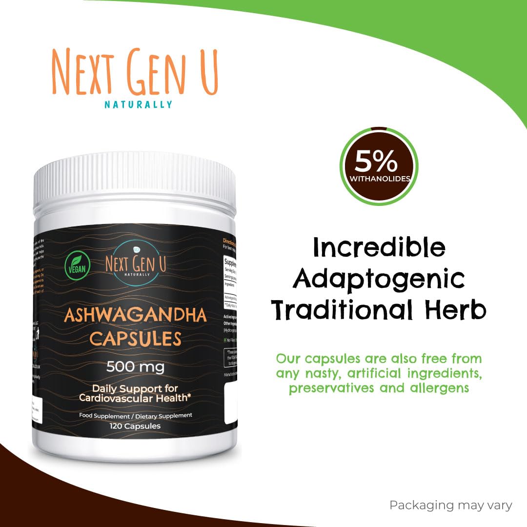 Ashwagandha 500 mg Strength 120 Capsules, Dietary Health Supplement for Men & Women, Supports Stress & Anxiety Relief, Restful Sleep & Focus, Ashwagandha Herb Root Extract w/ Withanolides by NGU