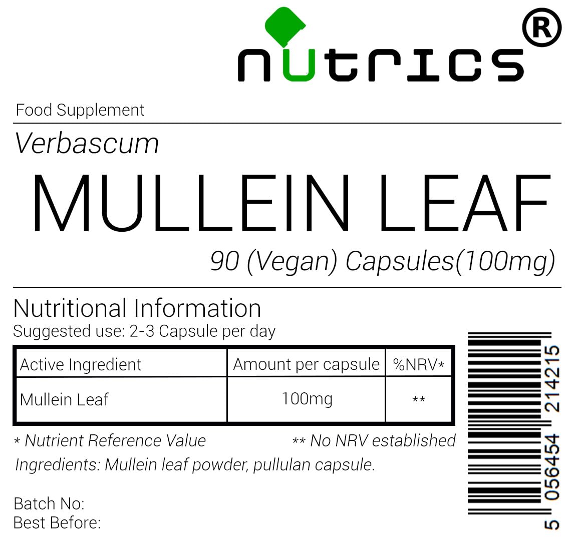 Nutrics® MULLEIN LEAF 250mg x 100% Pure verbascum 90 V Capsules (1 Month Supply) huáng qí Milkvetch g - Suitable for Vegan Vegetarian Halal Kosher