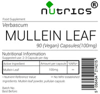 Nutrics® MULLEIN LEAF 250mg x 100% Pure verbascum 90 V Capsules (1 Month Supply) huáng qí Milkvetch g - Suitable for Vegan Vegetarian Halal Kosher
