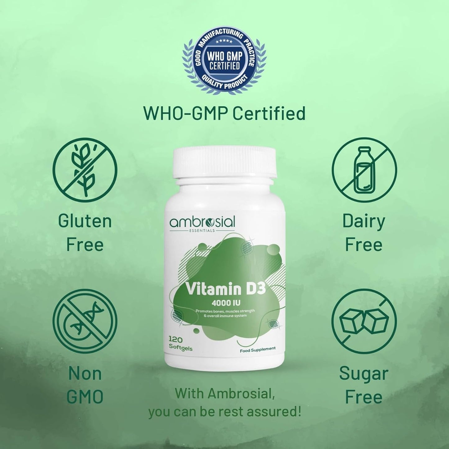 AMBROSIAL Ambrosial Vitamin D3 4000 IU (100 mcg) Softgel - High Strength Vitamin D Supplement | Gluten Free | Supports Immune System, Healthy Bones & Teeth | Vitamin D 4000iu | Pack of 1-120 Softgels