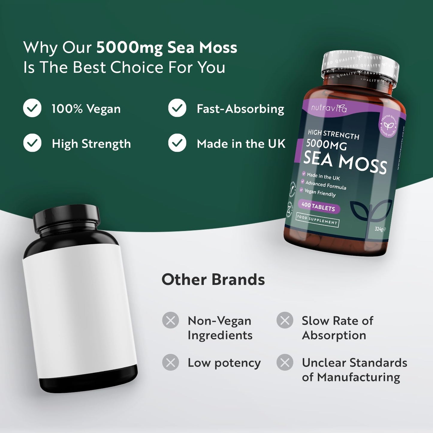 5000mg Sea Moss Tablets - 400 Irish Sea Moss Vegan Supplements for 6.5 Months of Supply, Contributes to Normal Energy-Yielding Metabolism, Skin & Cognitive Function (EFSA) Made in The UK by Nutravita