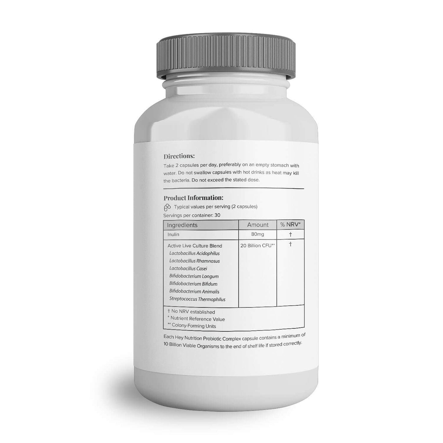 Hey Nutrition Probiotic Complex Supplement - 20 Billion CFU - Suitable for Vegetarians & Vegans - Supports Gut & Skin Health, Improves Immune Response - UK Manufactured - 60 Vegan Capsules