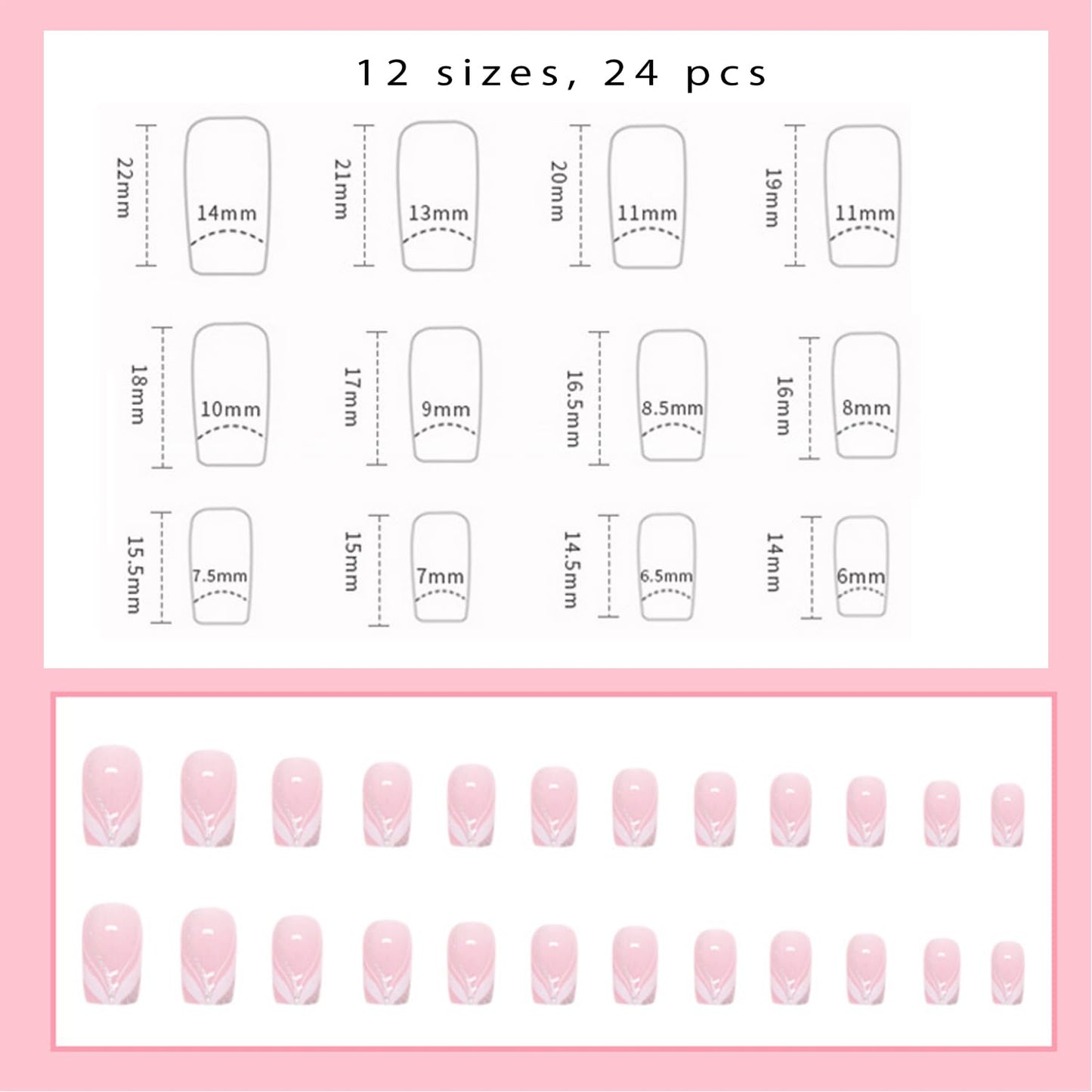 24Pcs False Nails,UHOMENY Square False Nails Short Long Fake Nails Acrylic Stick on Nails for Women Girls Nail Art Press on Nails with manicure kit (Pink, White, Silver, 12 size)