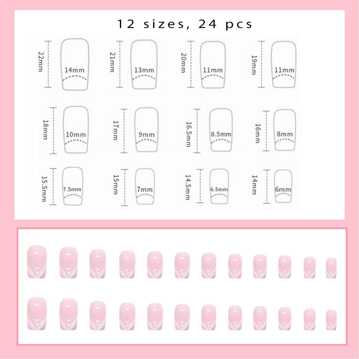 24Pcs False Nails,UHOMENY Square False Nails Short Long Fake Nails Acrylic Stick on Nails for Women Girls Nail Art Press on Nails with manicure kit (Pink, White, Silver, 12 size)