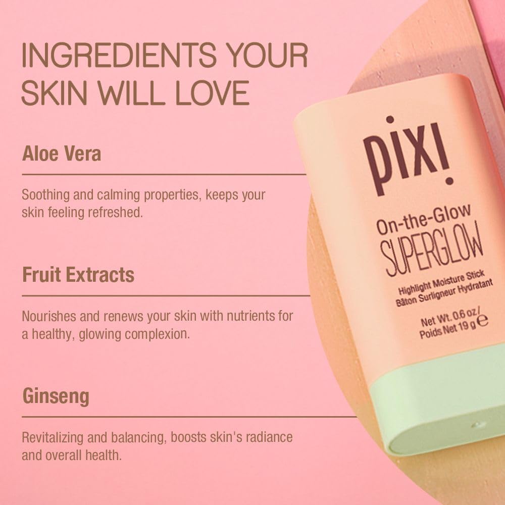 Pixi On-the-Glow SuperGlow | Shade NaturaLustre | Hydrating Highlighter Stick with Ginseng, Aloe Vera & Fruit Extracts | For Cheeks & Brow Bones | 19g / 0.6oz | Paraben-Free Luminous Natural Highlight