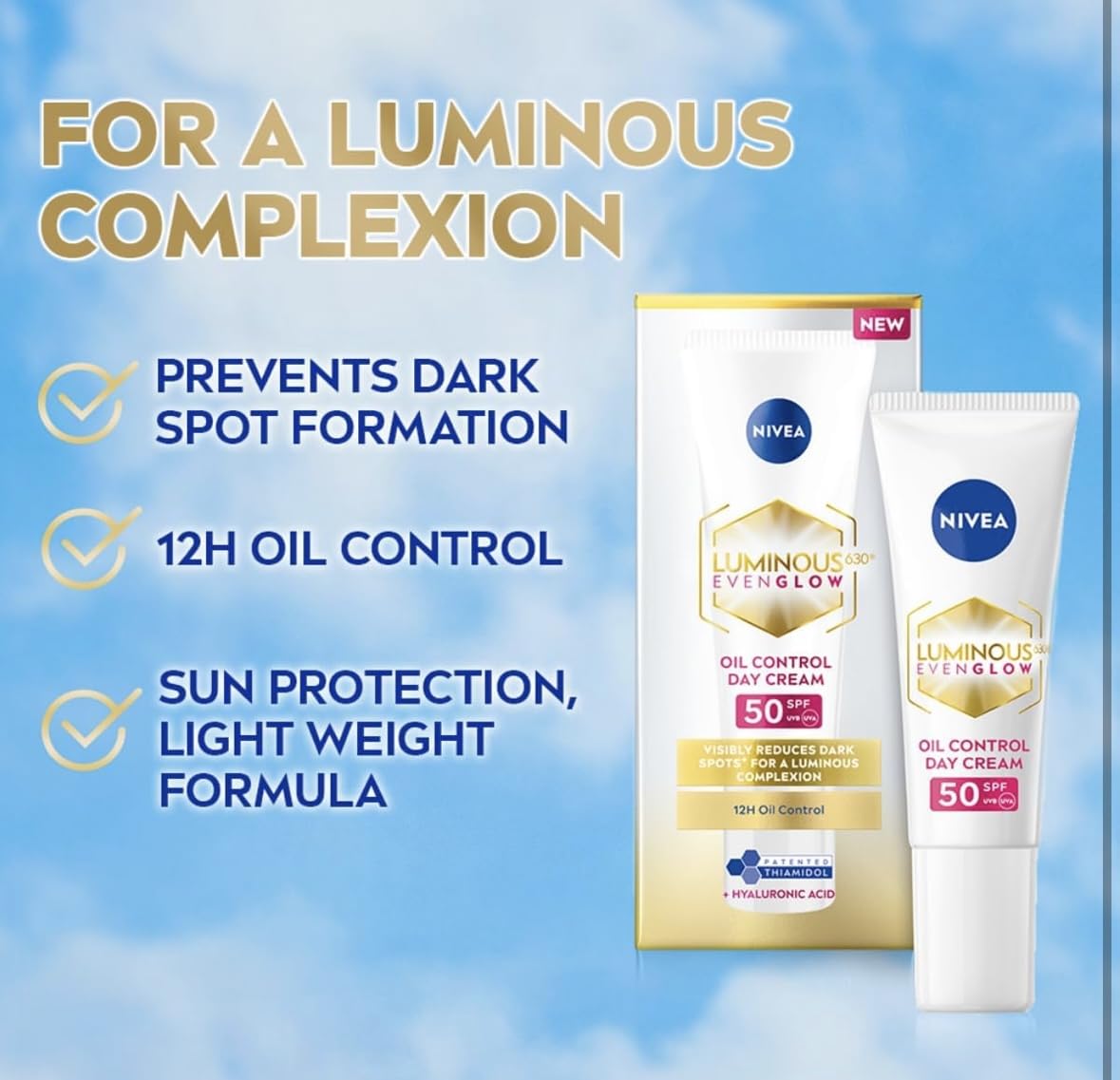 NIVEA Luminous 630 Even Glow Day Cream, Oil Control, SPF50, 10ml
