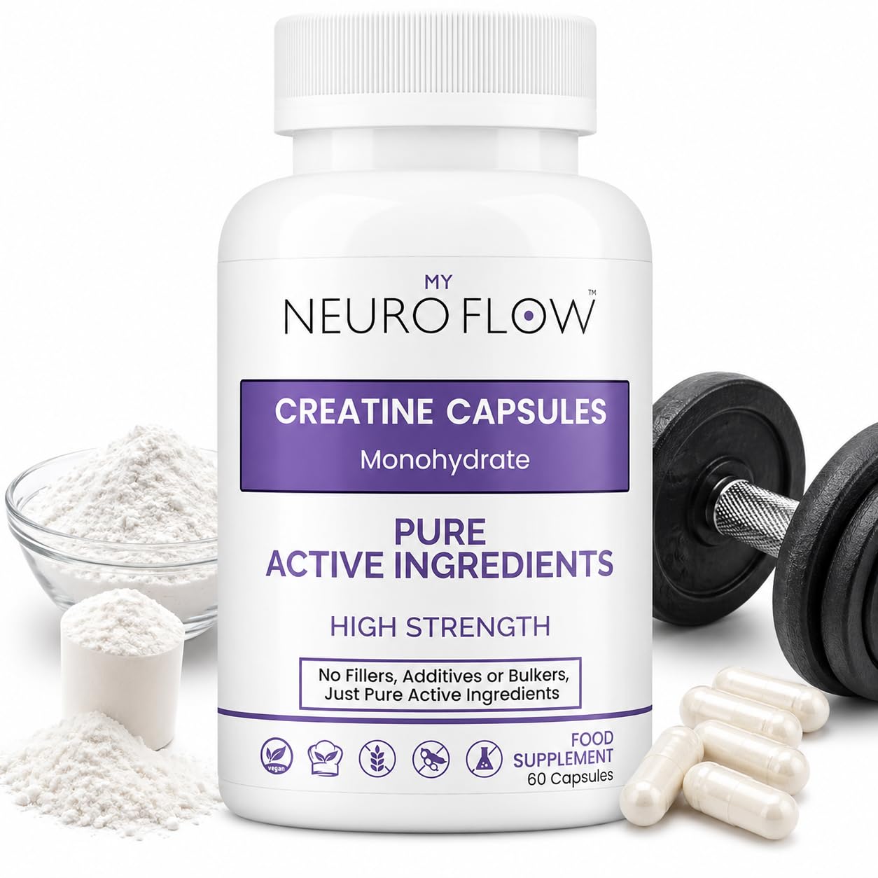 Neuro Flow creatine monohydrate Capsules | creatine Capsules for Strength and Performance Support | Pure creatine | Vegan creatine | 60 Capsules Made in UK