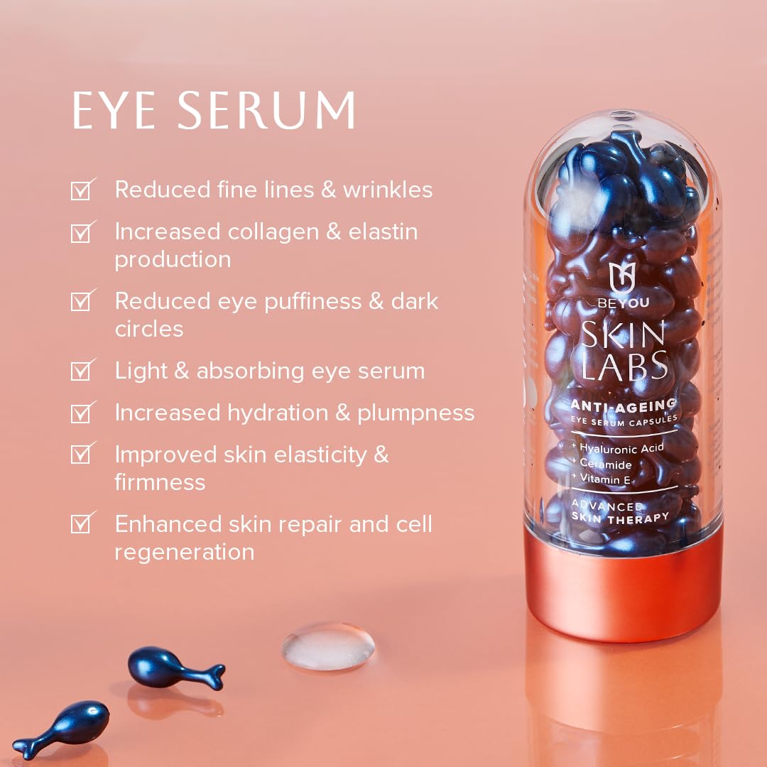 BeYou Skin Labs Anti-Ageing Eye Serum Capsules with Hyaluronic Acid, Ceramide & Vitamin E | Advanced Anti-Ageing Therapy for Radiant & Revitalised Skin | Peptides to Energise & Nourish Skin | 50 Count