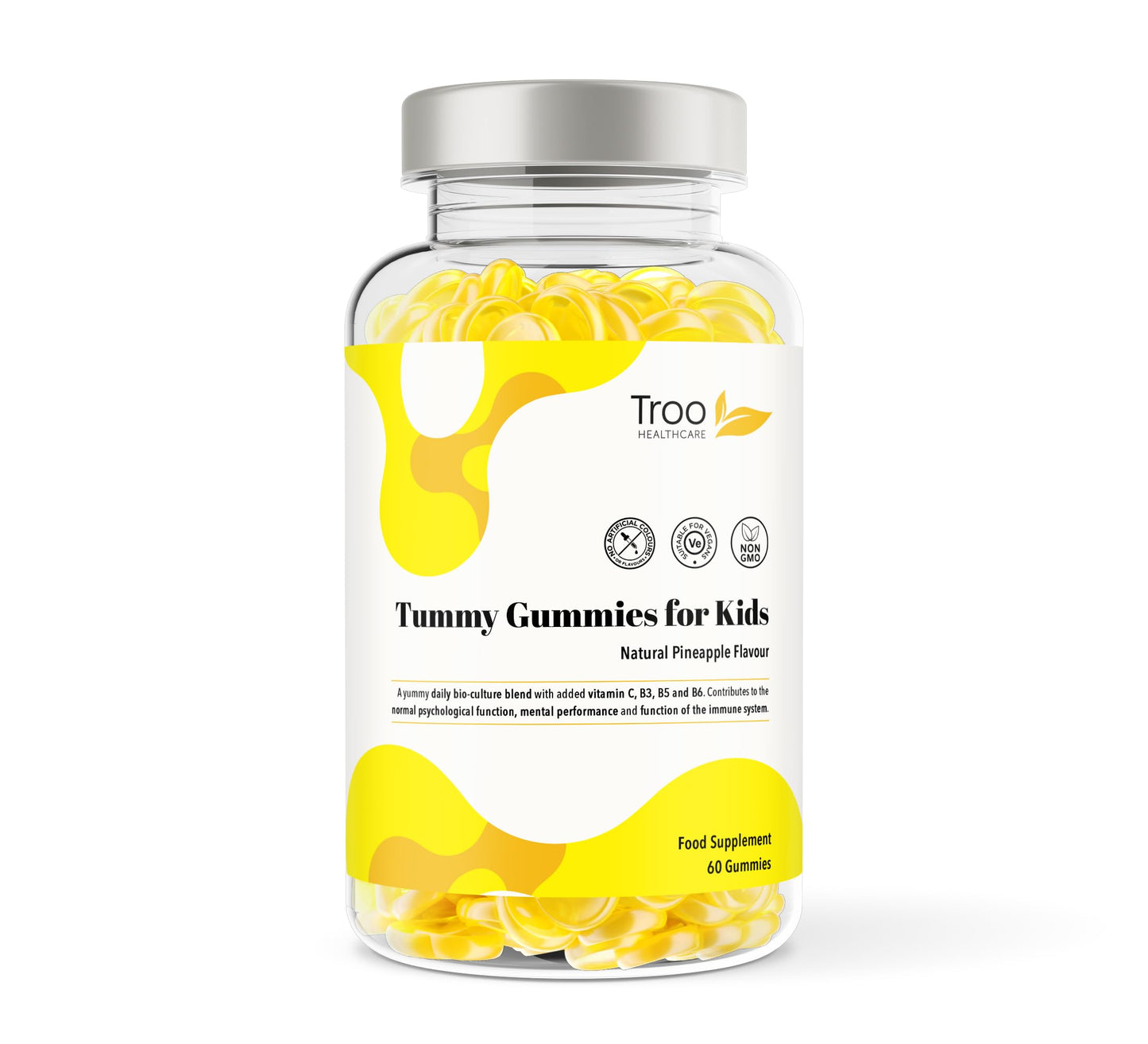 Tummy Gummies Probiotics with Vitamins for Kids & Adults - 60 Natural Pineapple Flavour Active Bacteria Gummies with Vitamin C, B3, B5 and B6 to support Immune Function and Mental Development