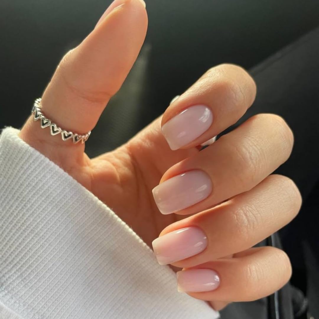 SXVME Dusty Pink Press on Nails Short Square Acrylic Short False Nails Coffin Natural Acrylic Fake Nails Set Elegant Solid Color Full Cover Glossy Gel Stick on Nail for Women Daily Wear 24 Pcs